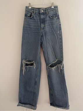 ZARA High Waisted Loose Wide Leg Distressed Jeans Y2K Raw Hem Size 2
